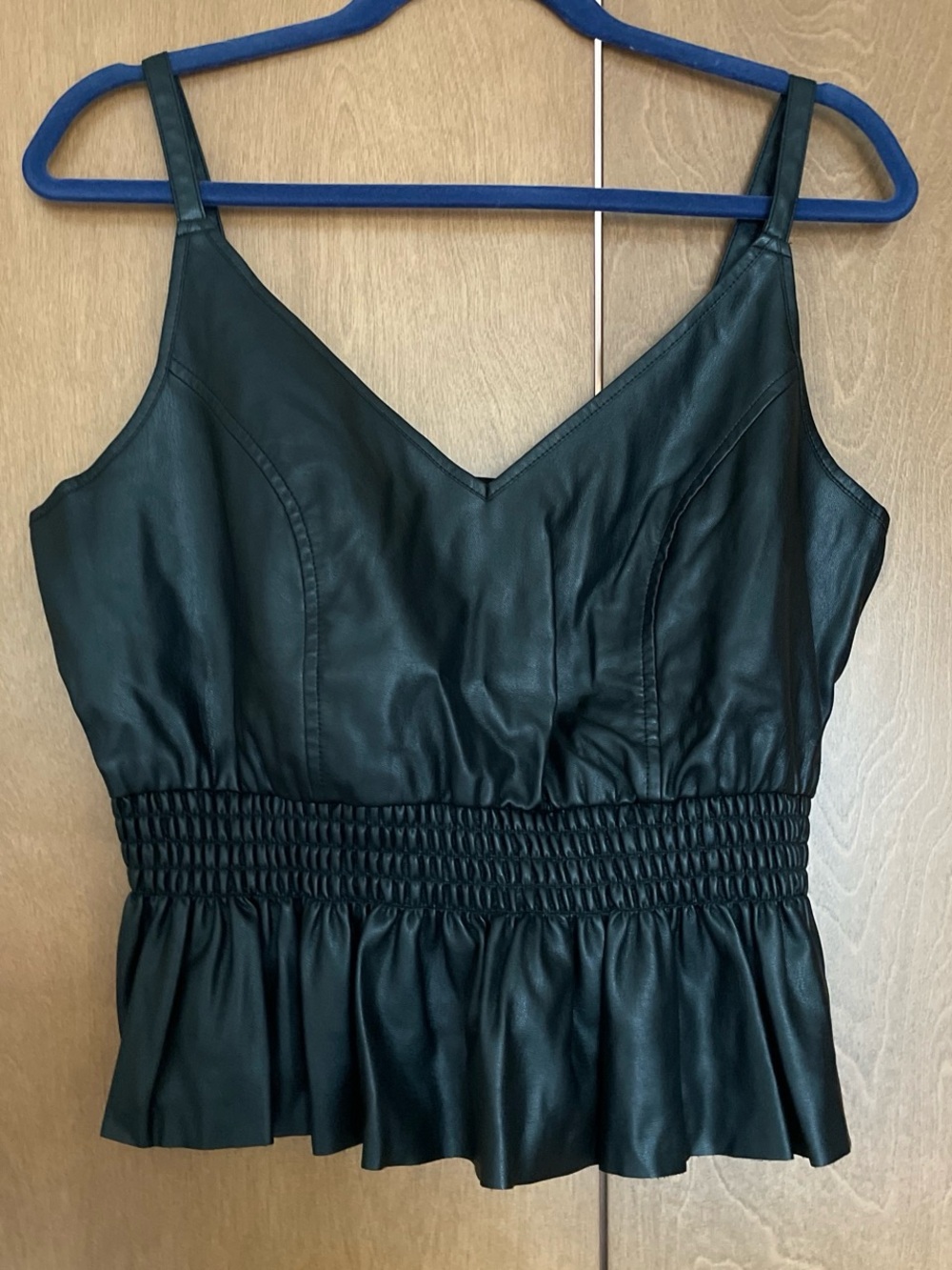 Bar III Black Faux Leather Smocked Peplum Crop Top